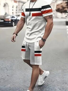 Men's Full Size Round Neck Tee and Shorts Set Plus Size